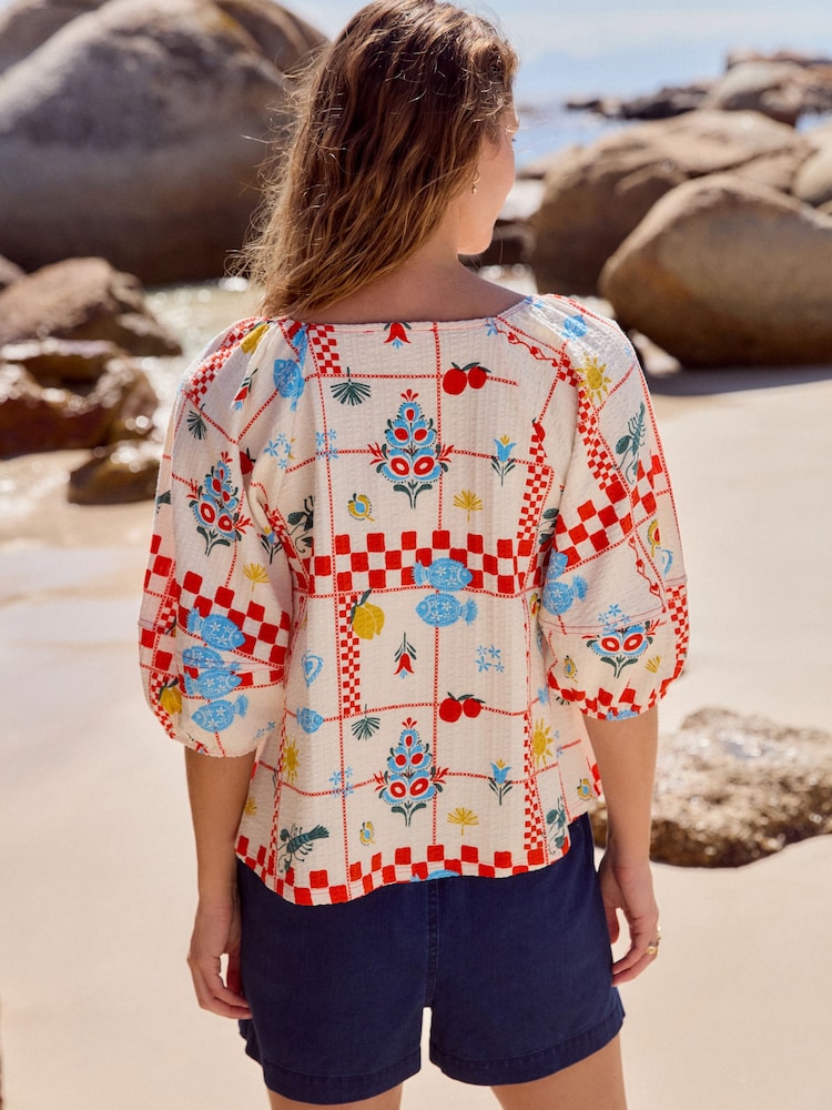 Ecru Tablecloth Print Volume Half Sleeve Jersey 100% Cotton Blouse - Image 3 of 7