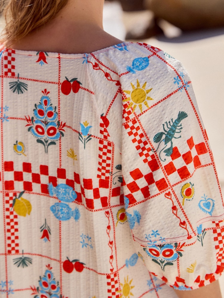 Ecru Tablecloth Print Volume Half Sleeve Jersey 100% Cotton Blouse - Image 4 of 7