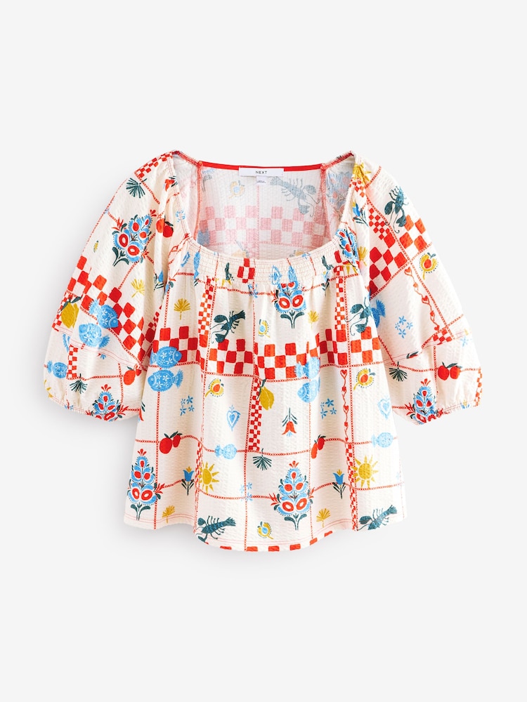 Ecru Tablecloth Print Volume Half Sleeve Jersey 100% Cotton Blouse - Image 5 of 7