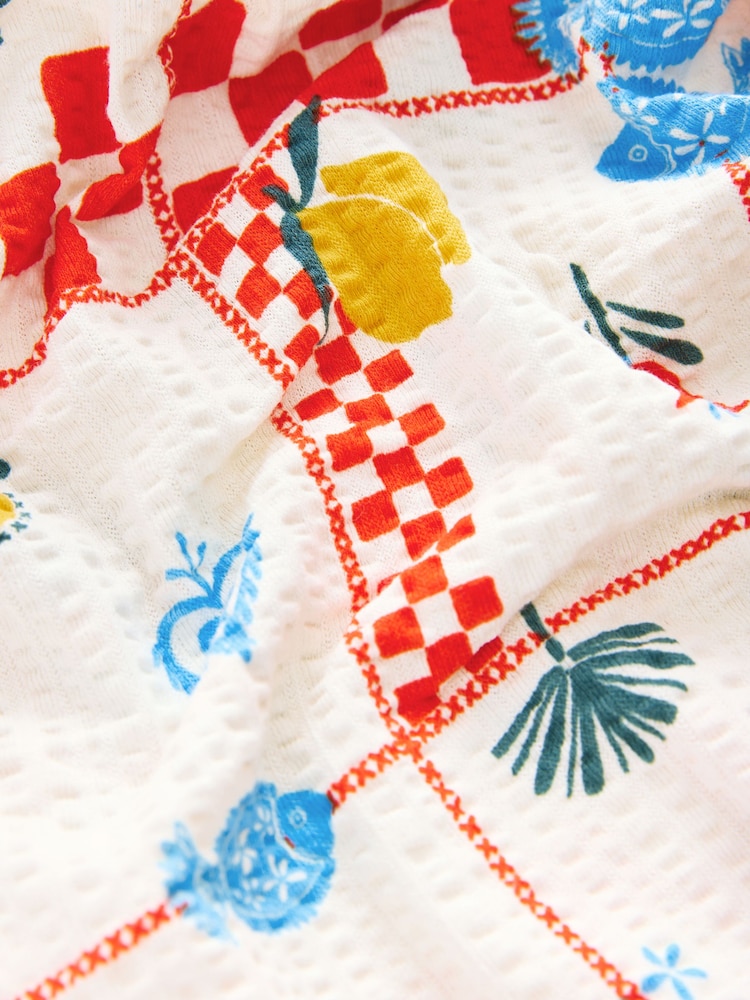 Ecru Tablecloth Print Volume Half Sleeve Jersey 100% Cotton Blouse - Image 6 of 7