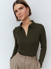 Dark Green Long Sleeve Collared Zip Top - Image 1 of 6