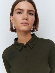 Dark Green Long Sleeve Collared Zip Top - Image 2 of 6