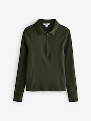 Dark Green Long Sleeve Collared Zip Top - Image 4 of 6