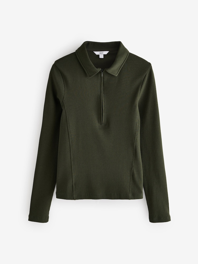 Dark Green Long Sleeve Collared Zip Top - Image 4 of 6