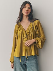 Ochre Yellow Long Sleeve Boho Mesh Blouse - Image 1 of 7