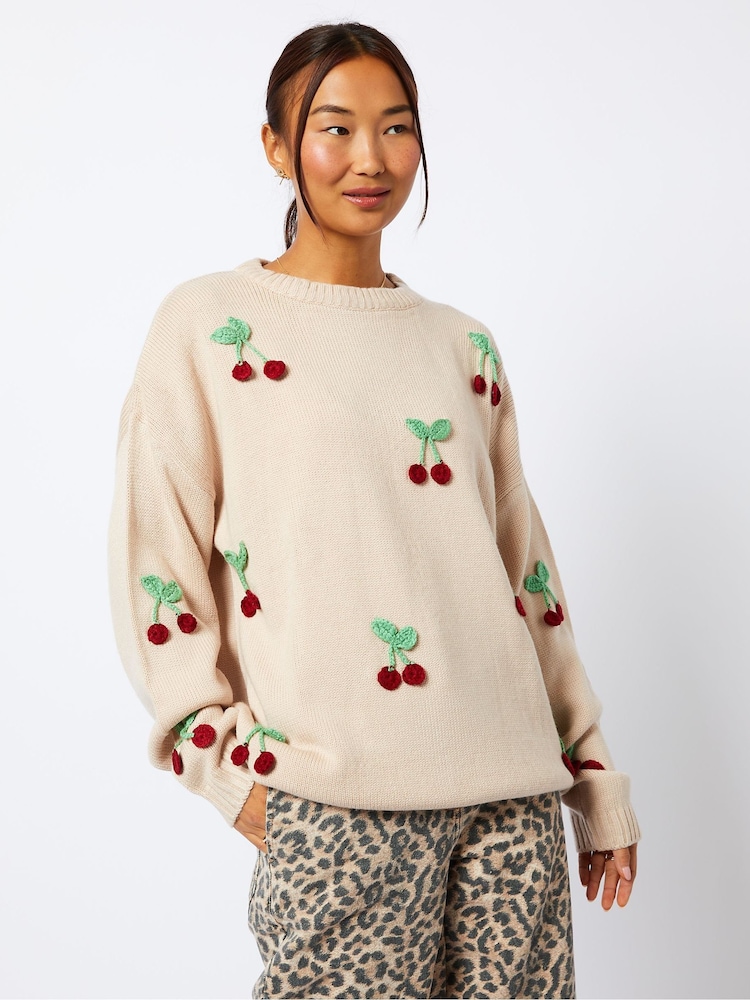 Skinnydip Applique Crochet Cherry Knitted Nude Jumper - Image 1 of 4