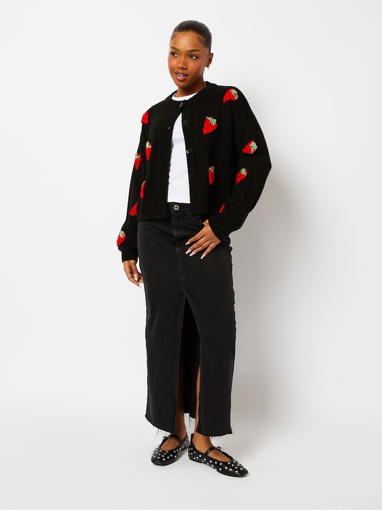 Skinnydip Strawberry Applique Black Knitted Cardigan - Image 1 of 4