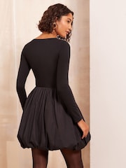 Friends Like These Black Scoop Neck Long Sleeve Puff Ball 100% Cotton Mini Dress - Image 4 of 5