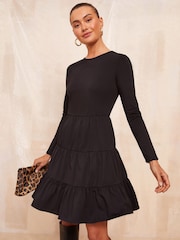 Friends Like These Black Long Sleeve Tiered Mini Dress - Image 1 of 4