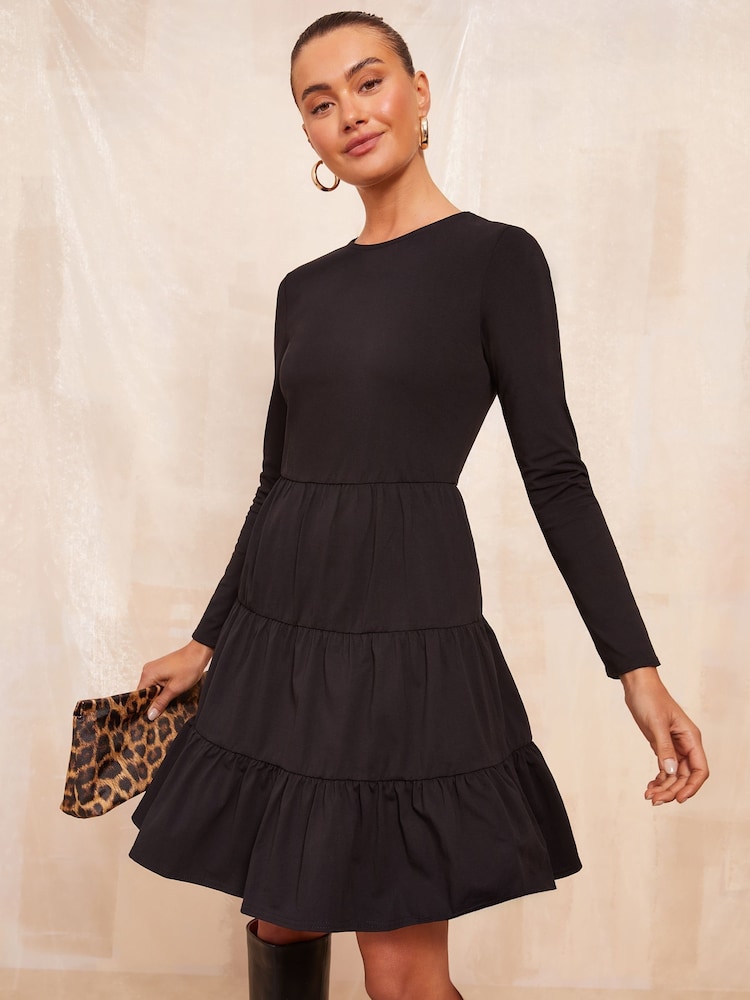 Friends Like These Black Long Sleeve Tiered Mini Dress - Image 1 of 4