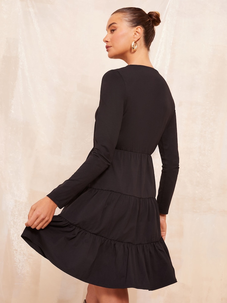 Friends Like These Black Long Sleeve Tiered Mini Dress - Image 4 of 4