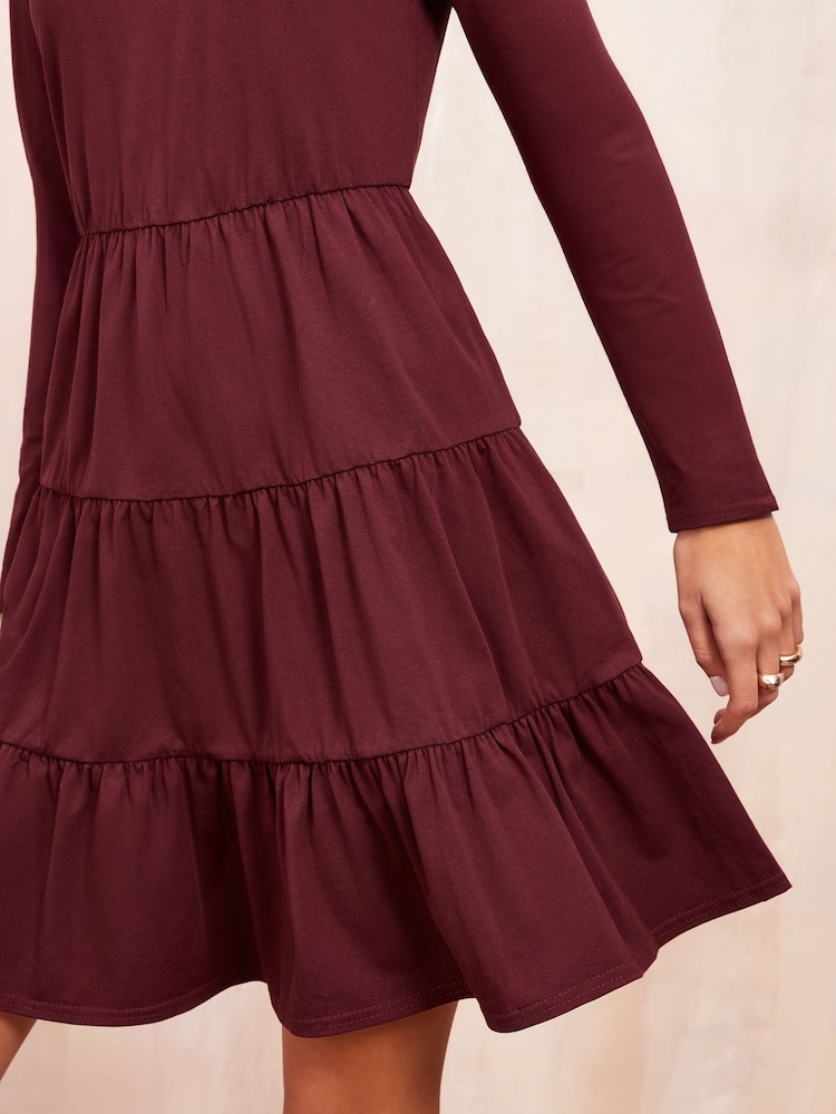 Friends Like These Burgandy Red Long Sleeve Tiered Mini Dress - Image 2 of 4