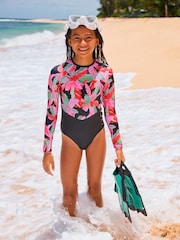 Roxy Black Tropical Print Active Long Sleeve Swimsuit - Image 1 of 5
