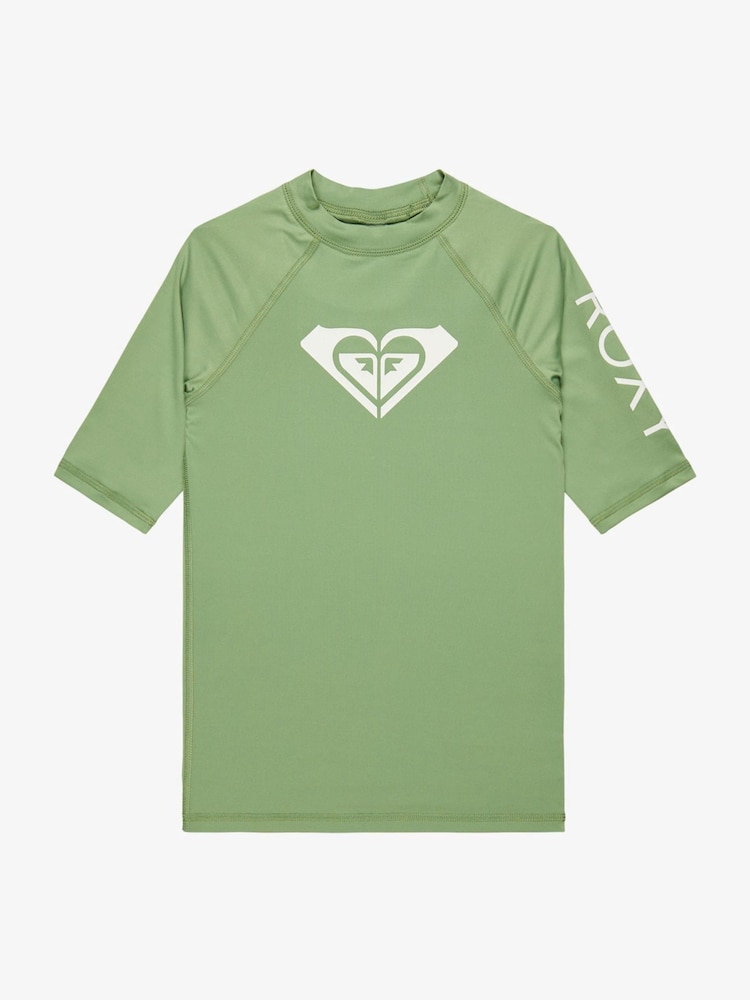 Roxy Green Girls Wholehearted Short Sleeve Logo Rash Vest - Image 1 of 3 Roxy Green Girls Wholehearted Short Sleeve Logo Rash Vest - Image 1 of 3