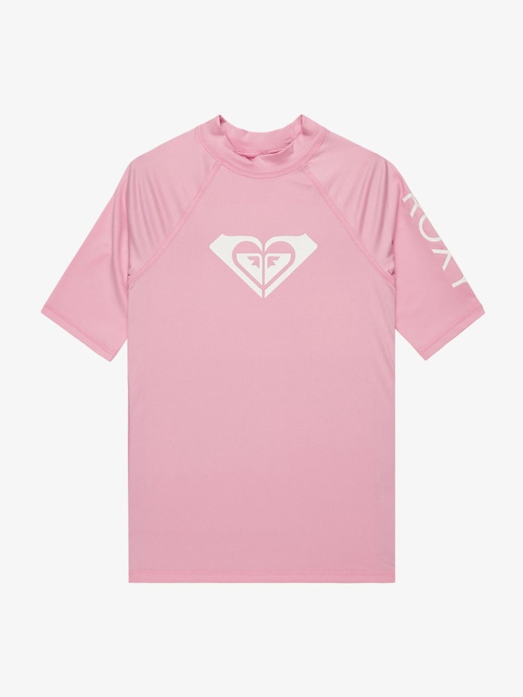 Roxy Pink Girls Wholehearted Short Sleeve Logo Rash Vest - Image 1 of 2 Roxy Pink Girls Wholehearted Short Sleeve Logo Rash Vest - Image 1 of 2