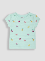 JoJo Maman Bébé Mint Green Summer Fruits Embroidered T-Shirt - Image 1 of 3