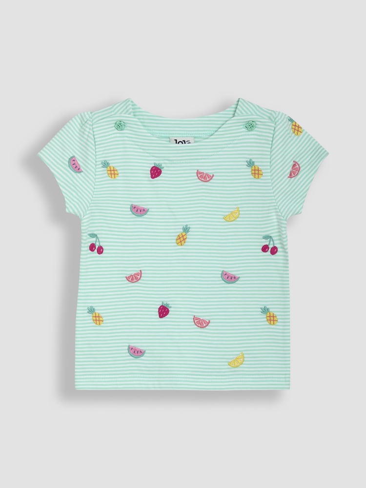 JoJo Maman Bébé Mint Green Summer Fruits Embroidered T-Shirt - Image 1 of 3 JoJo Maman Bébé Mint Green Summer Fruits Embroidered T-Shirt - Image 1 of 3