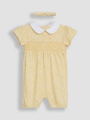 JoJo Maman Bébé Set aus gesmoktem Strampler und Stirnband mit Floral-Print - Bild 1 von 4