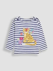 JoJo Maman Bébé White Navy Stripe Cheetah Appliqué Top - Image 1 of 3