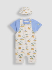 JoJo Maman Bébé Natural 100% Cotton Dino Dungarees & T-Shirt Set with Hat 3 Piece - Image 1 of 8