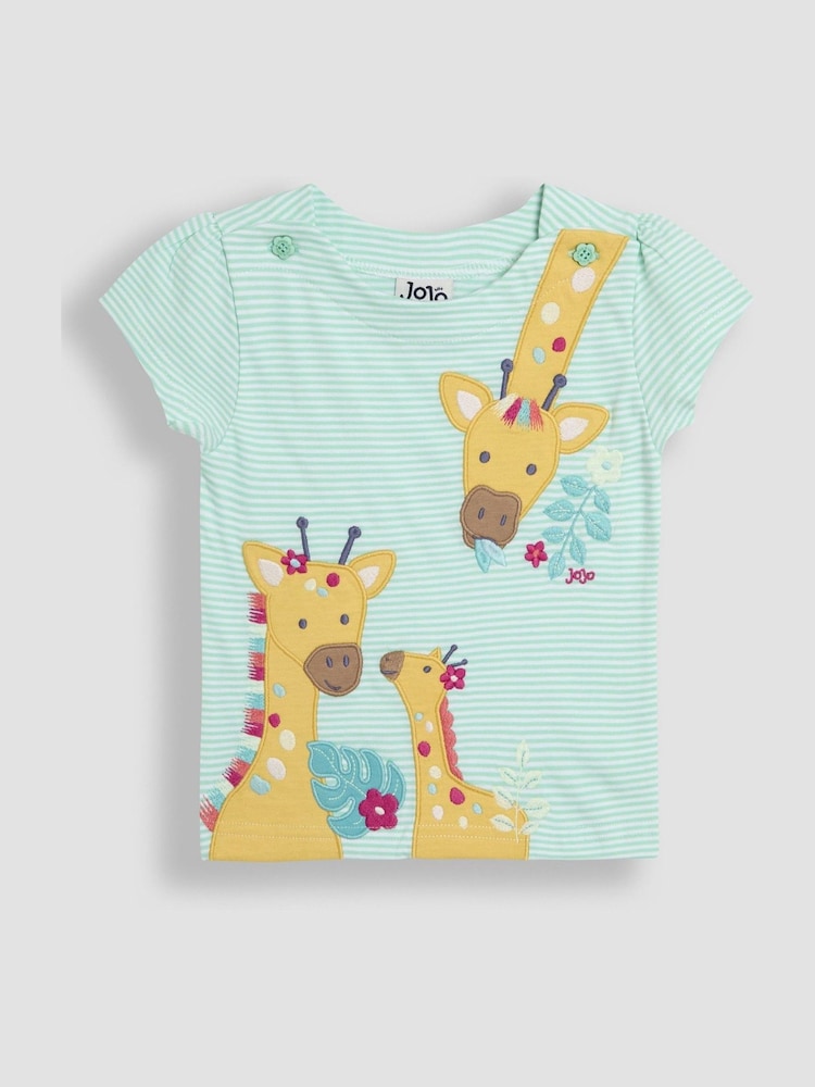 JoJo Maman Bébé Mint Green Giraffe Print Appliqué 100% Cotton T-Shirt - Image 1 of 3