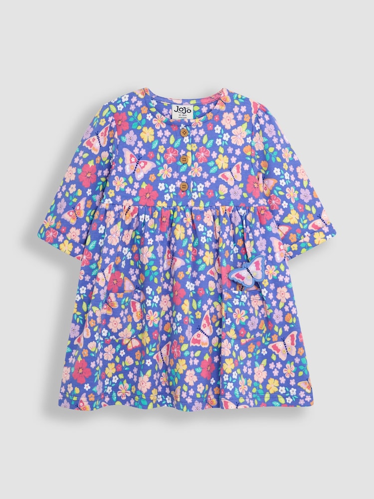 JoJo Maman Bébé Lilac Purple Butterfly Floral Pet in Pocket Button Front Dress - Image 2 of 4
