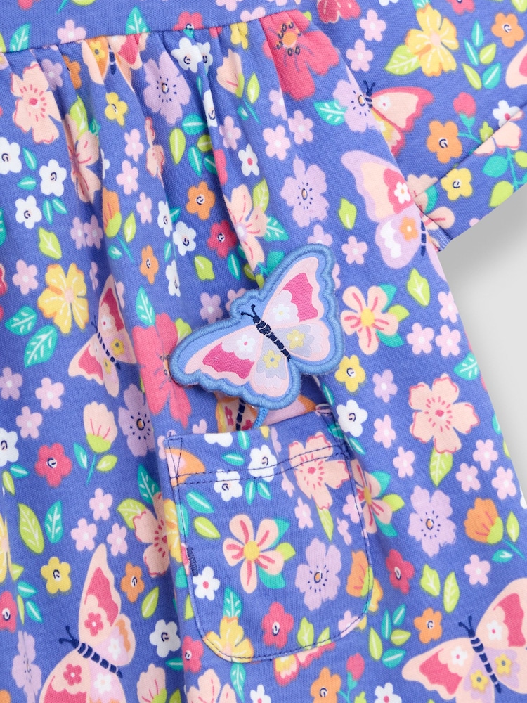 JoJo Maman Bébé Lilac Purple Butterfly Floral Pet in Pocket Button Front Dress - Image 4 of 4