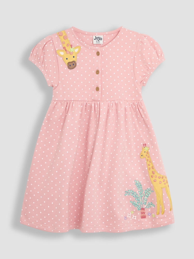 JoJo Maman Bébé Coral Pink Giraffe Appliqué Button Front Dress - Image 1 of 3