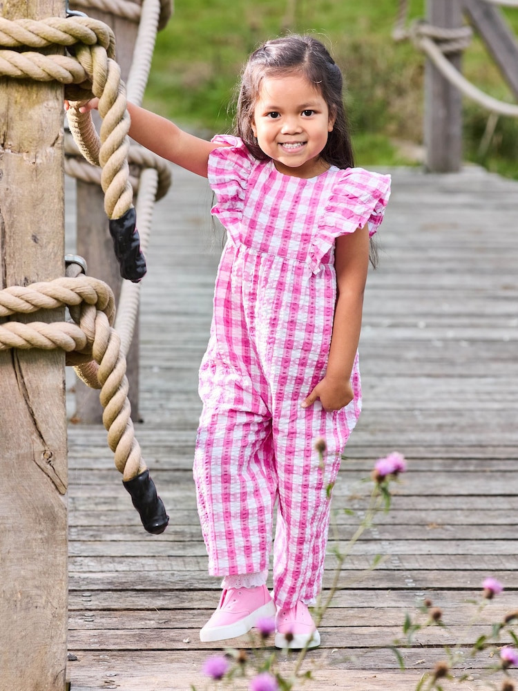 JoJo Maman Bébé Fuchsia Pink Gingham Frill Shoulder Jumpsuit - Image 1 of 4