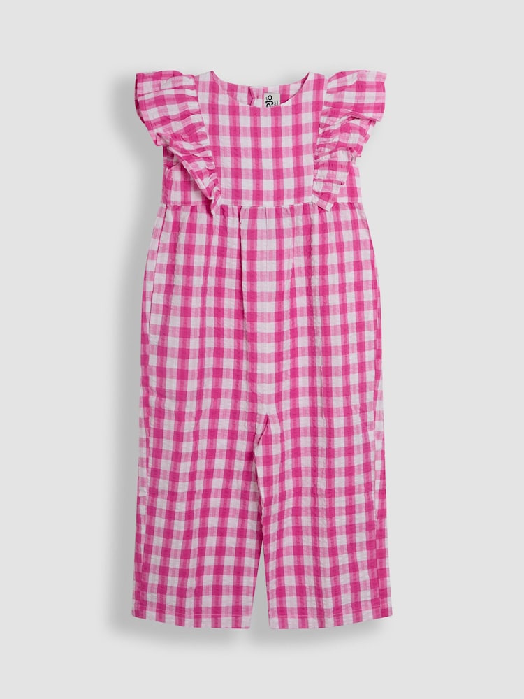 JoJo Maman Bébé Fuchsia Pink Gingham Frill Shoulder Jumpsuit - Image 2 of 4