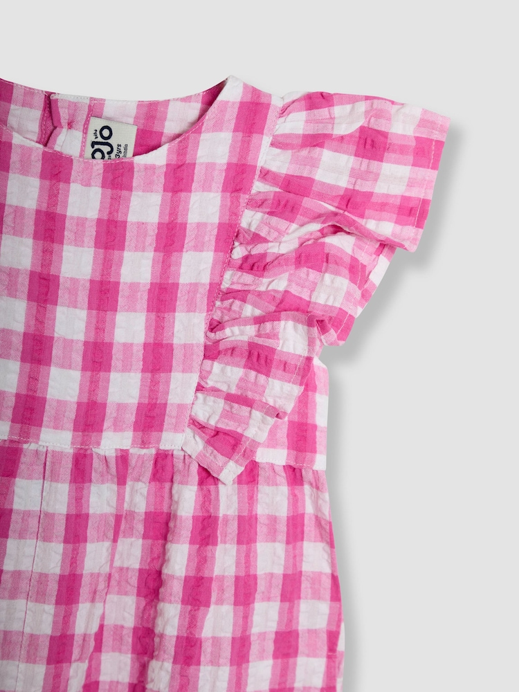 JoJo Maman Bébé Fuchsia Pink Gingham Frill Shoulder Jumpsuit - Image 4 of 4