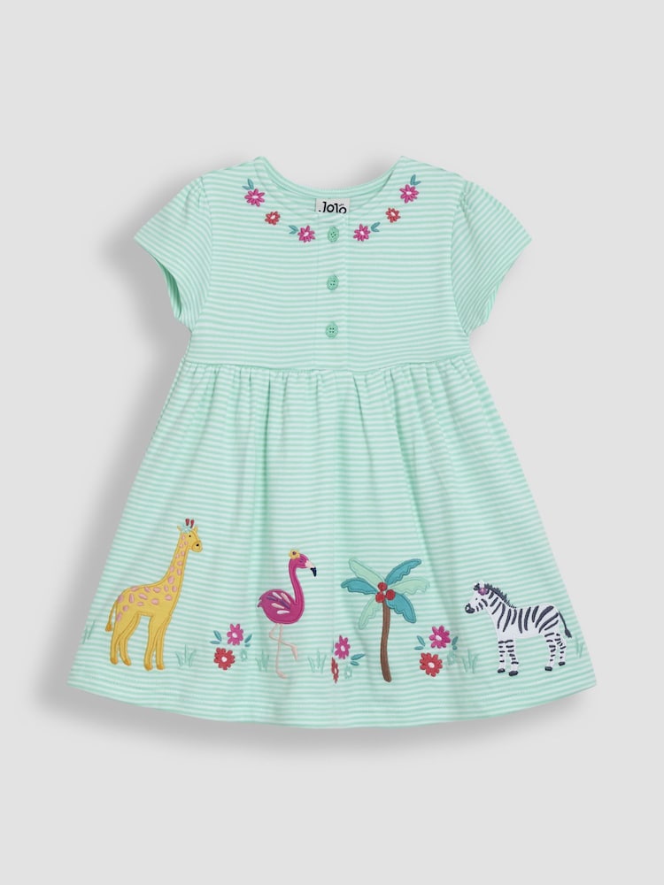 JoJo Maman Bébé Mint Green Safari Animals Appliqué Button Front Dress - Image 1 of 3