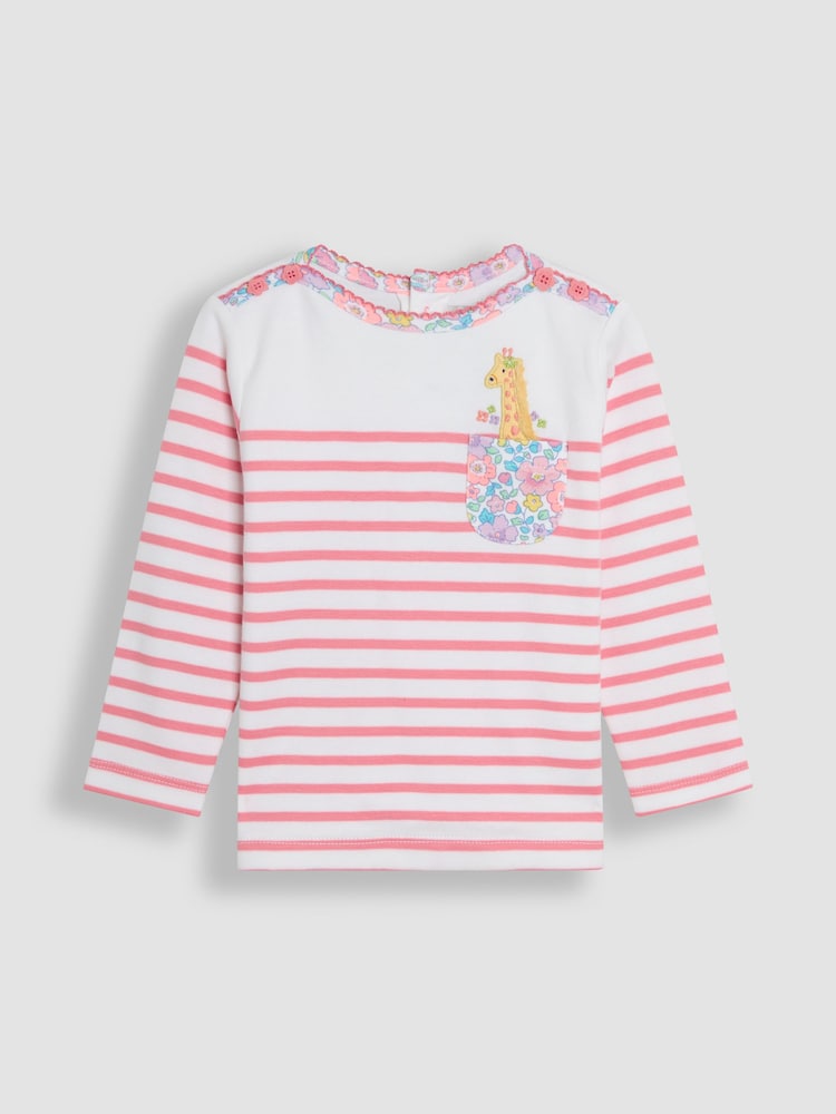 JoJo Maman Bébé Coral Pink Giraffe Appliqué Pocket Breton Top - Image 1 of 3