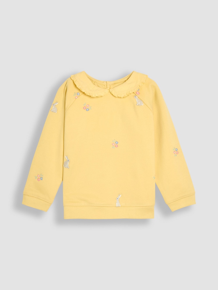 JoJo Maman Bébé Yellow Bunny Embroidered Peter Pan Collar 100% Cotton Sweatshirt - Image 1 of 3 JoJo Maman Bébé Yellow Bunny Embroidered Peter Pan Collar 100% Cotton Sweatshirt - Image 1 of 3