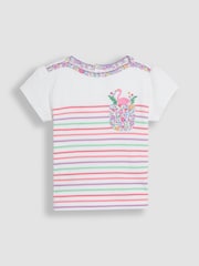 JoJo Maman Bébé Coral Pink Flamingo Appliqué Pocket Breton T-Shirt - Image 1 of 3