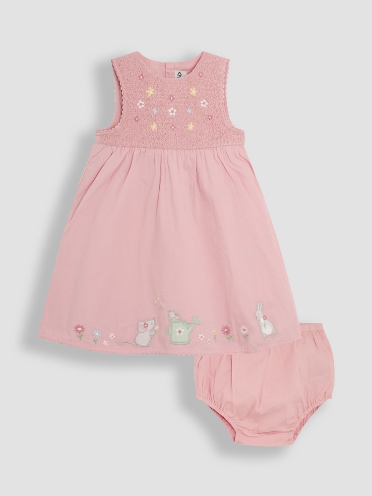 JoJo Maman Bébé Pink Garden Mouse Baby Appliqué 100% Cotton Dress - Image 1 of 5