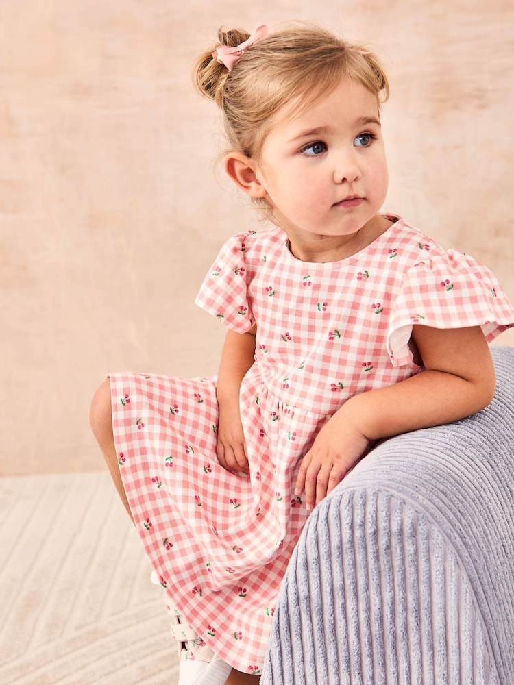 JoJo Maman Bébé Pink Cherry Gingham Flutter Sleeve 100% Cotton Dress - Image 1 of 6