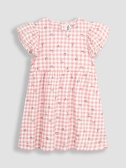 JoJo Maman Bébé Pink Cherry Gingham Flutter Sleeve 100% Cotton Dress - Image 4 of 6