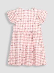 JoJo Maman Bébé Pink Cherry Gingham Flutter Sleeve 100% Cotton Dress - Image 5 of 6