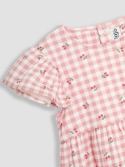 JoJo Maman Bébé Pink Cherry Gingham Flutter Sleeve 100% Cotton Dress - Image 6 of 6