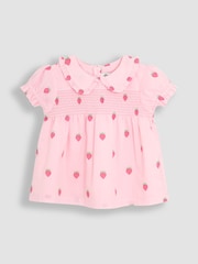 JoJo Maman Bébé Pink Strawberry Peter Pan Collar Smocked Blouse - Image 1 of 3