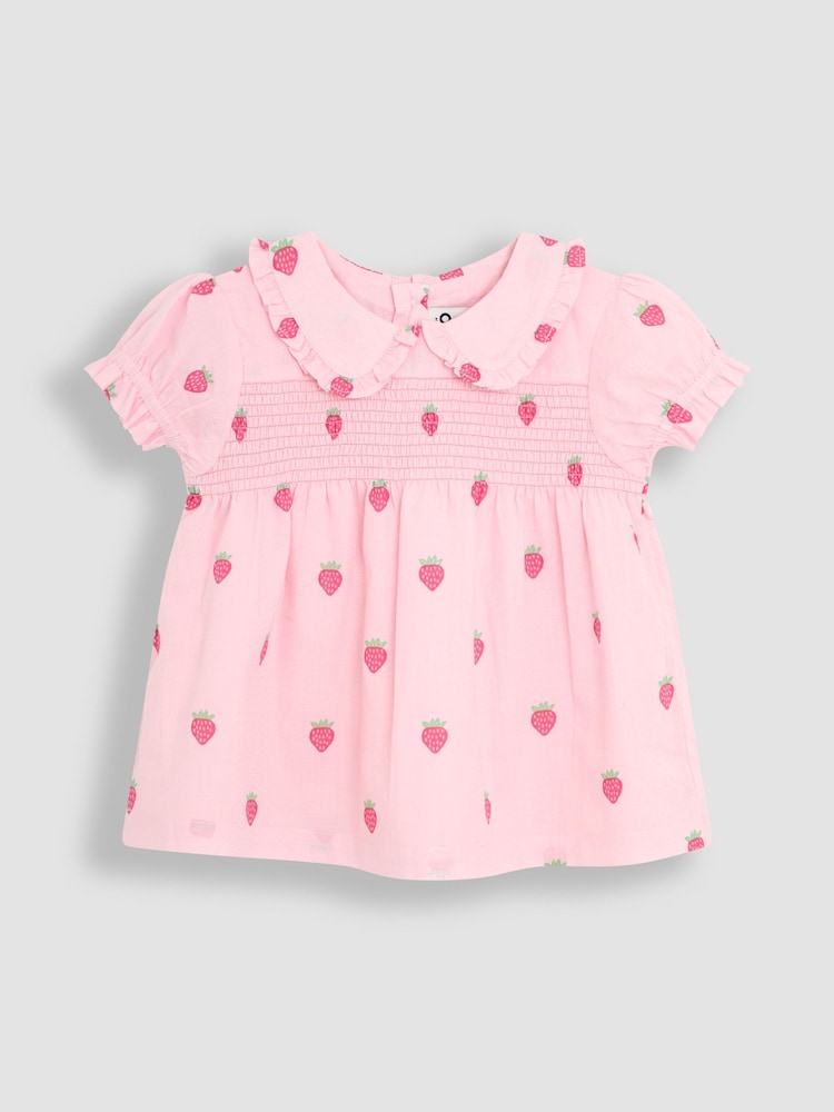 JoJo Maman Bébé Pink Strawberry Peter Pan Collar Smocked Blouse - Image 1 of 3