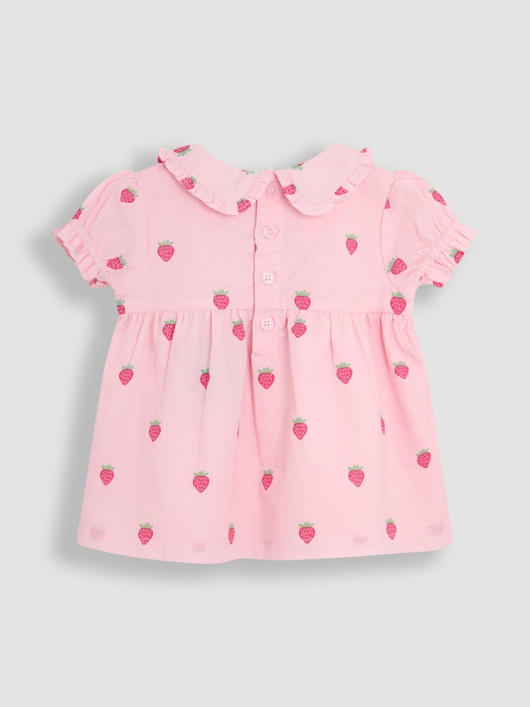 JoJo Maman Bébé Pink Strawberry Peter Pan Collar Smocked Blouse - Image 2 of 3