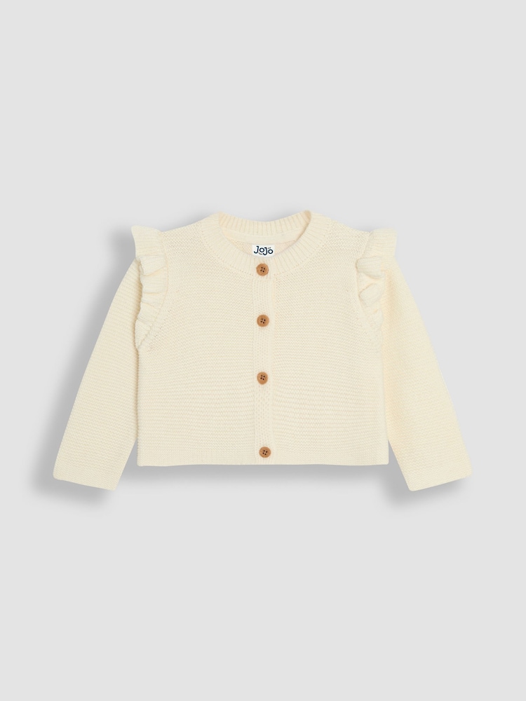 JoJo Maman Bébé Cream Frill Shoulder Cardigan - Image 1 of 3