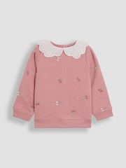 JoJo Maman Bébé Pink Cherry Broderie Collar Sweatshirt - Image 1 of 4
