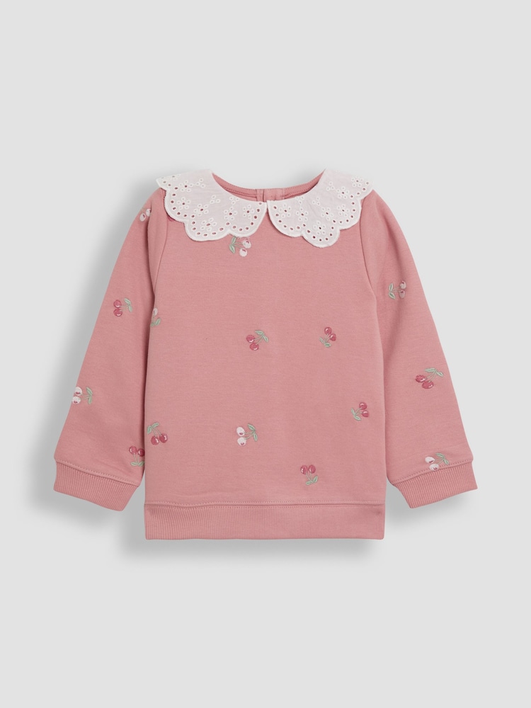 JoJo Maman Bébé Pink Cherry Broderie Collar Sweatshirt - Image 1 of 4