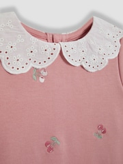 JoJo Maman Bébé Pink Cherry Broderie Collar Sweatshirt - Image 3 of 4