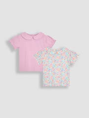 JoJo Maman Bébé Lilac Purple Floral 2-Pack Puff Sleeve Collared T-Shirts - Image 1 of 5