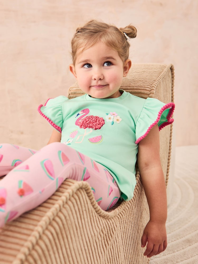 JoJo Maman Bébé Mint Green Flamingo Appliqué T-Shirt & Leggings Set 2 Piece - Image 1 of 4