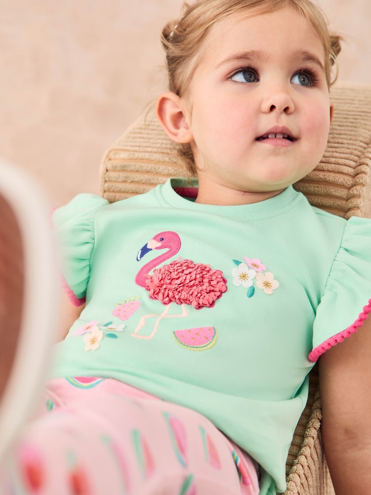 JoJo Maman Bébé Mint Green Flamingo Appliqué T-Shirt & Leggings Set 2 Piece - Image 2 of 4